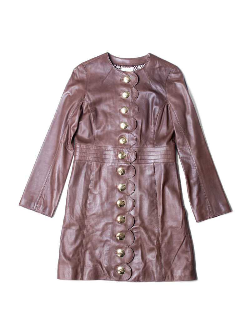 Tory Burch Logo Cordelia Leather Scalloped Trench Coat Brown-designer resale
