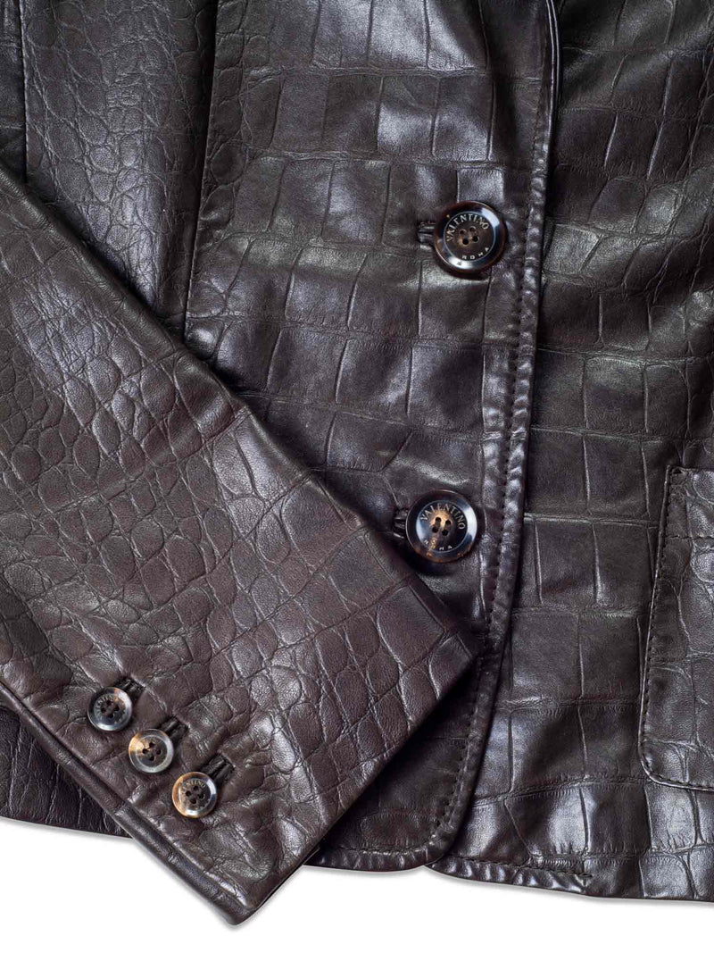 Valentino Crocodile Embossed Leather Fitted Jacket Brown-designer resale