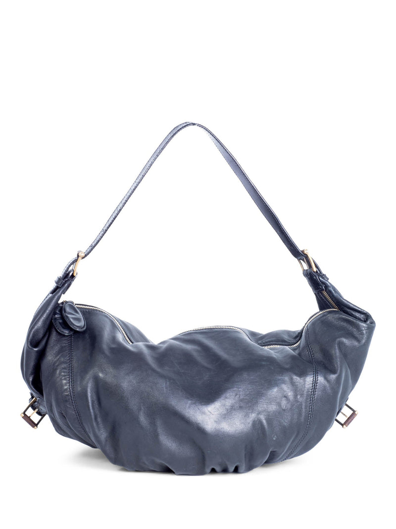 Valentino Logo Leather Buckled Hobo Bag Black-designer resale