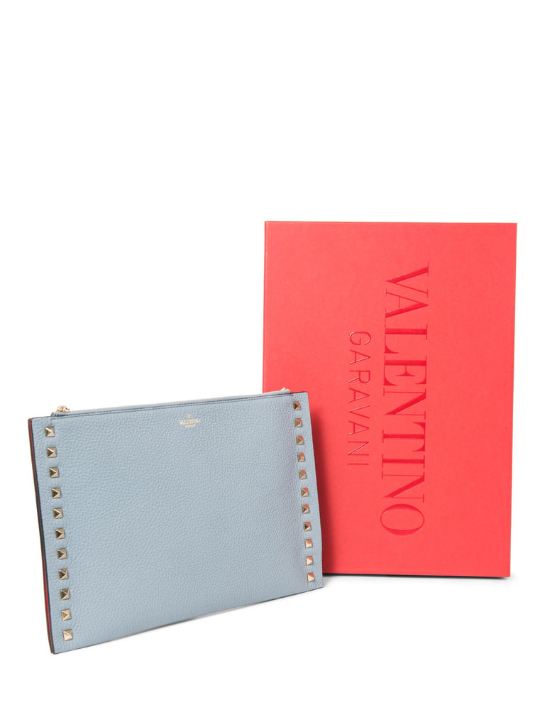 Valentino Logo Leather Rockstud Zippered Clutch Blue Gold-designer resale