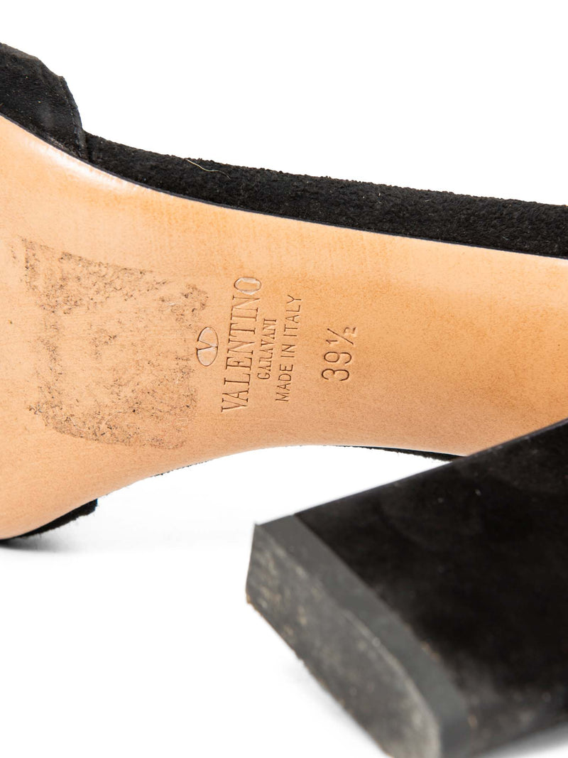 Valentino Suede Strap Block Heel Sandals Black Gold-designer resale