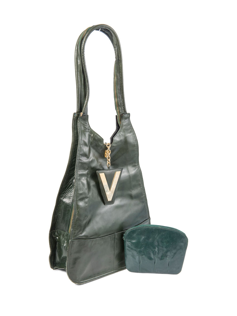 Valentino by Mario Vintage Leather Logo Zippered Hobo Bag with Wallet Green-designer resale