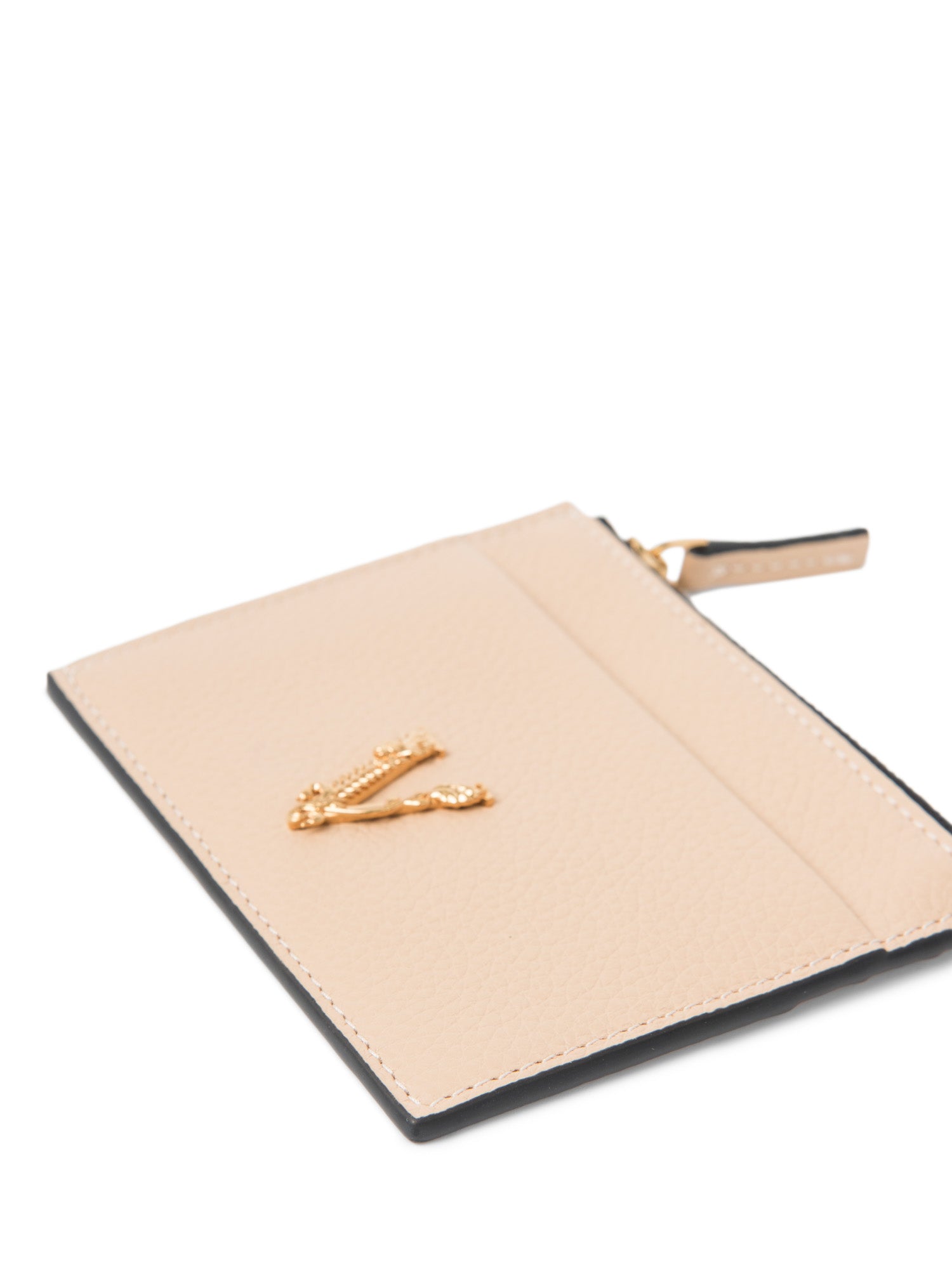 Versace Logo Leather Compact Credit Card Wallet Beige