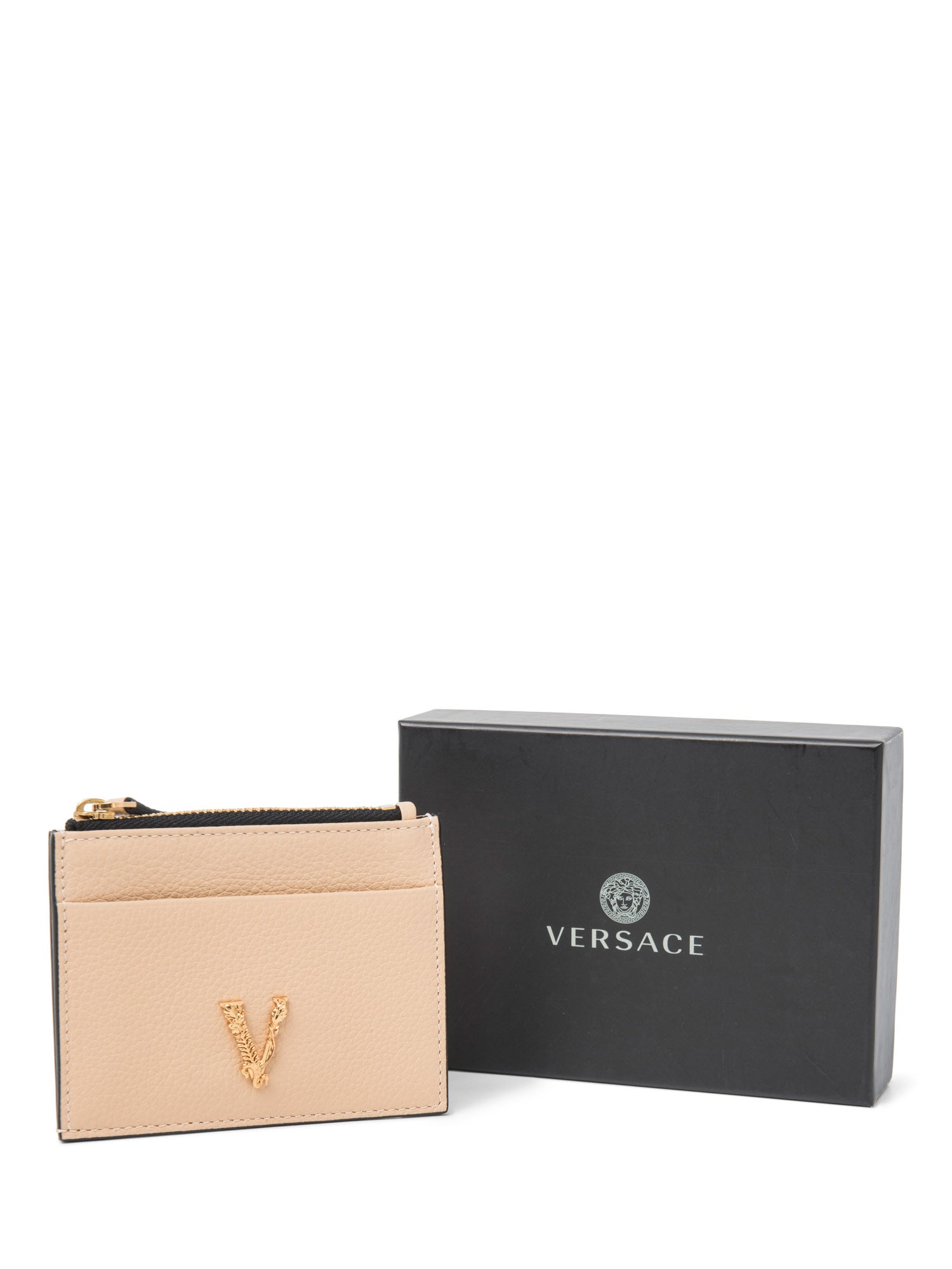 Versace Logo Leather Compact Credit Card Wallet Beige