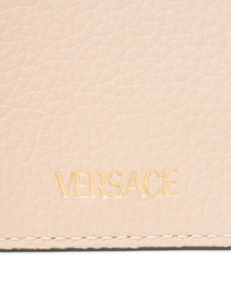 Versace Logo Leather Compact Credit Card Wallet Beige-designer resale