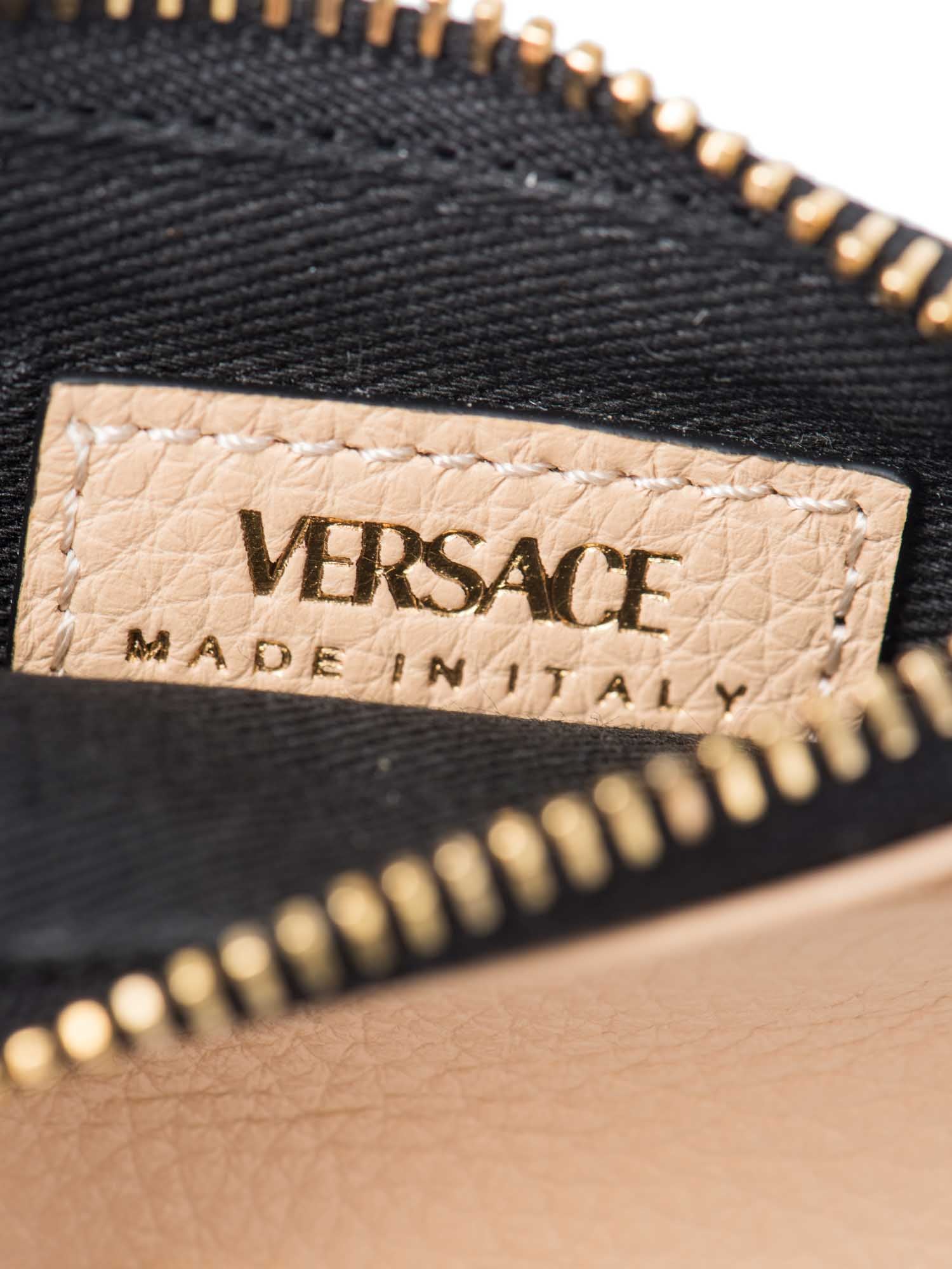 Versace Logo Leather Compact Credit Card Wallet Beige
