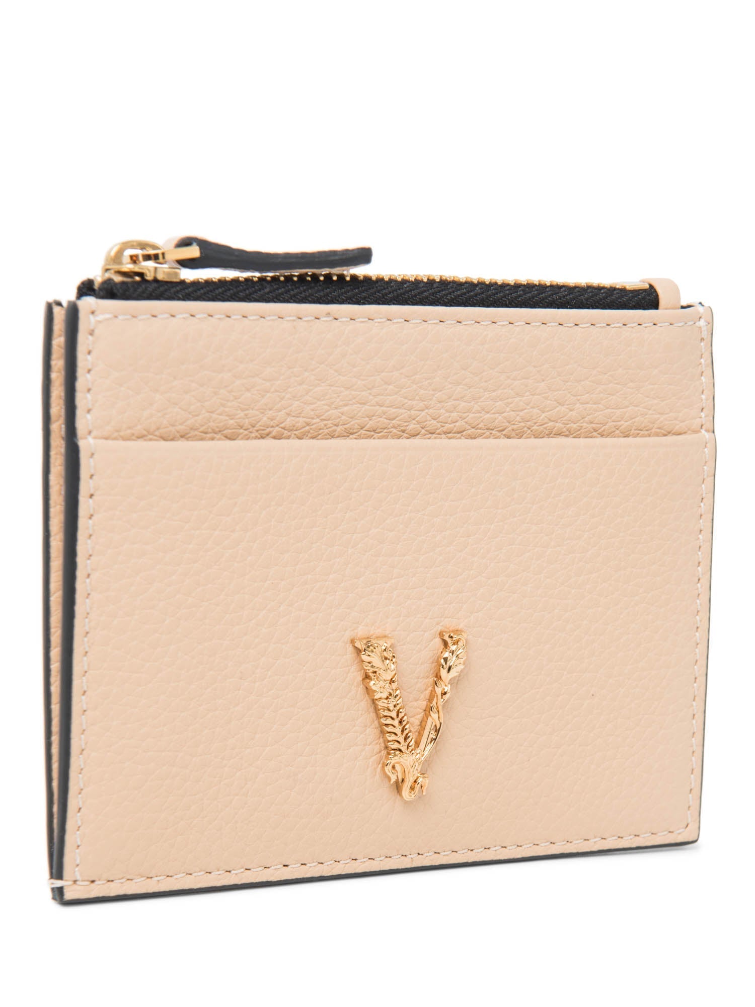 Versace Logo Leather Compact Credit Card Wallet Beige