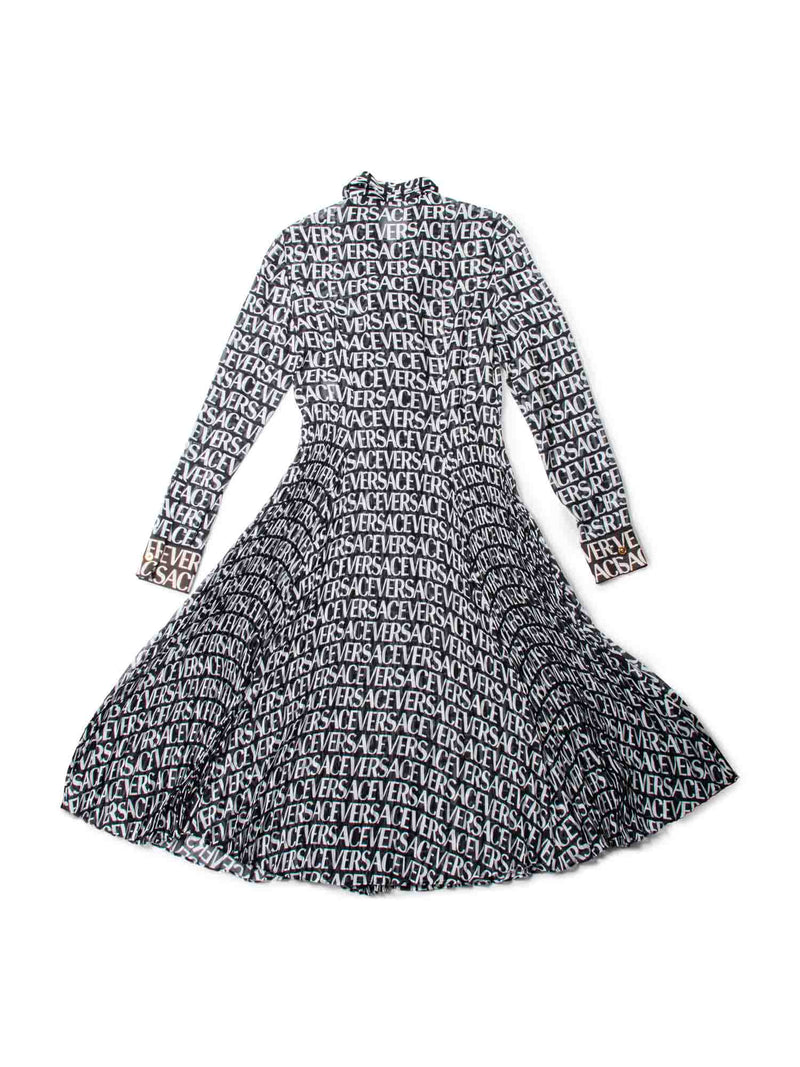 Versace Logo Print Silk Pleated Midi Dress Black White-designer resale