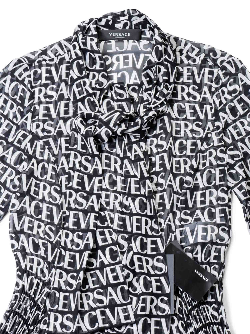 Versace Logo Print Silk Pleated Midi Dress Black White-designer resale