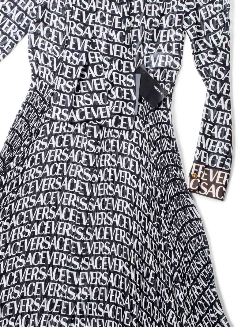 Versace Logo Print Silk Pleated Midi Dress Black White-designer resale