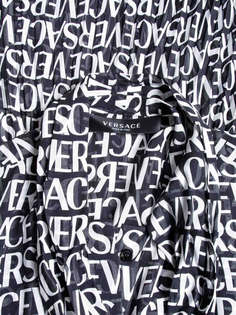 Versace Logo Print Silk Pleated Midi Dress Black White-designer resale