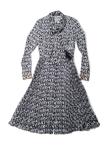 Versace Logo Print Silk Pleated Midi Dress Black White-designer resale