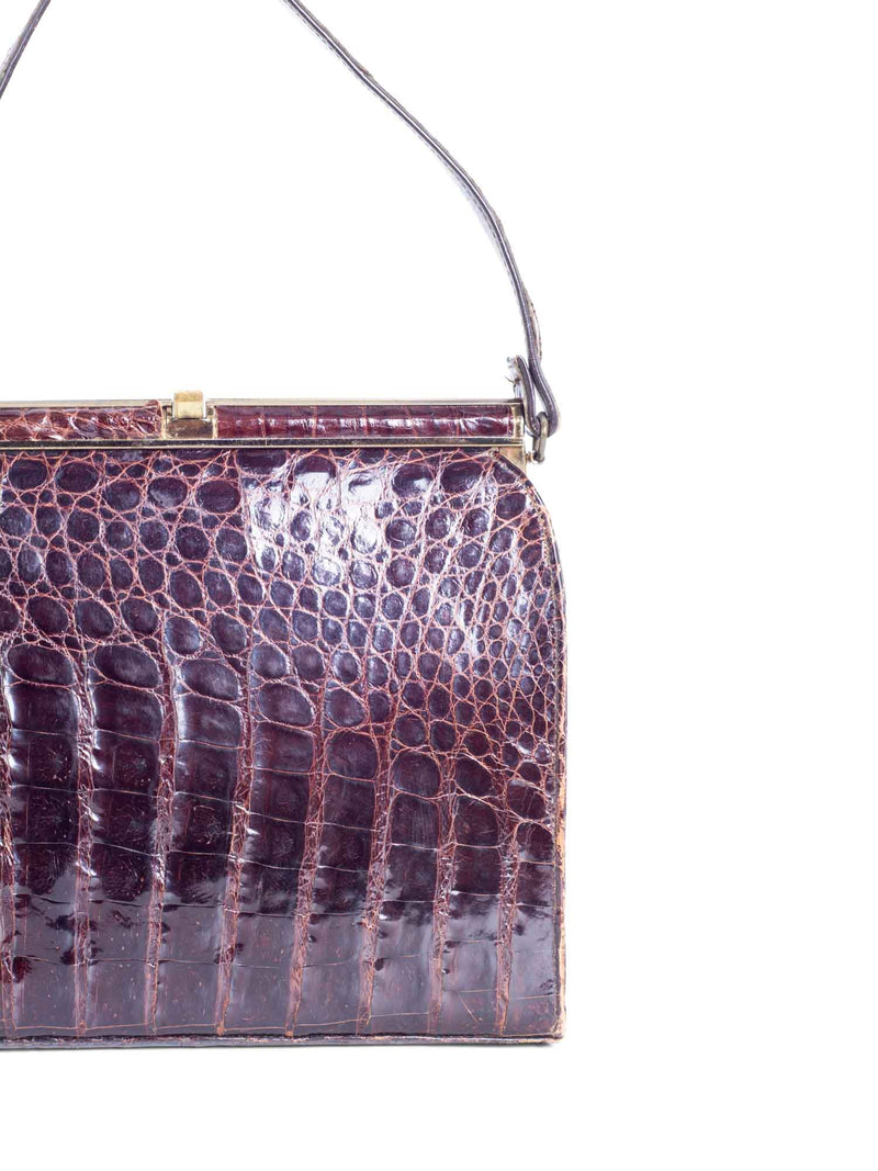 Vintage Crocodile Leather Top Handle Satchel Bag Brown Gold-designer resale