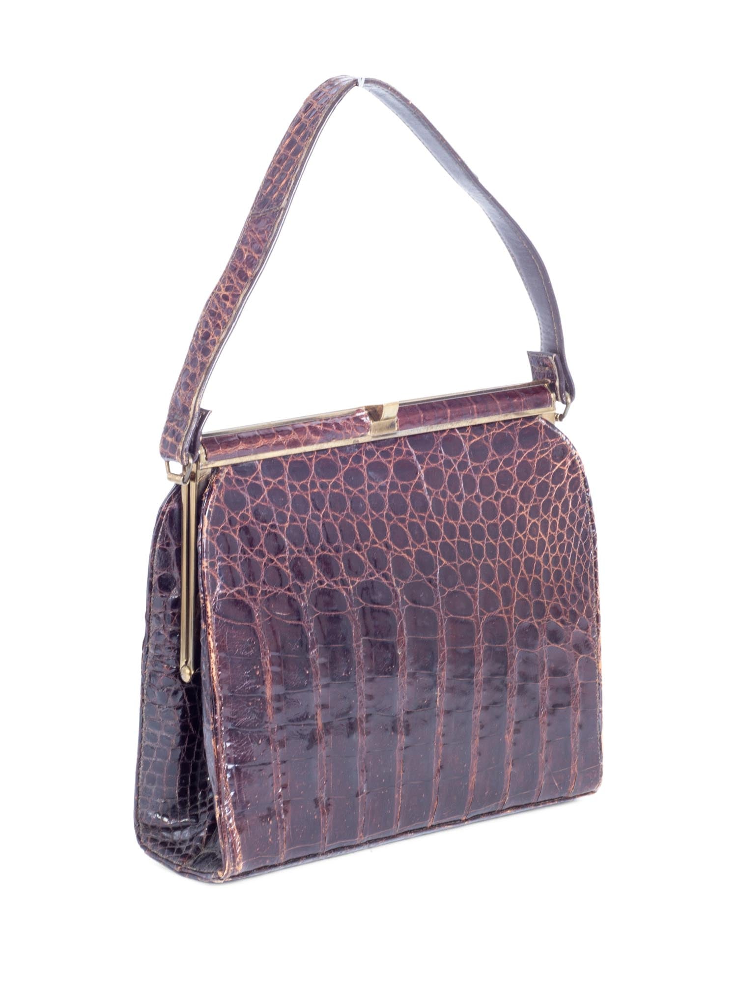 Vintage Crocodile Leather Top Handle Satchel Bag Brown Gold