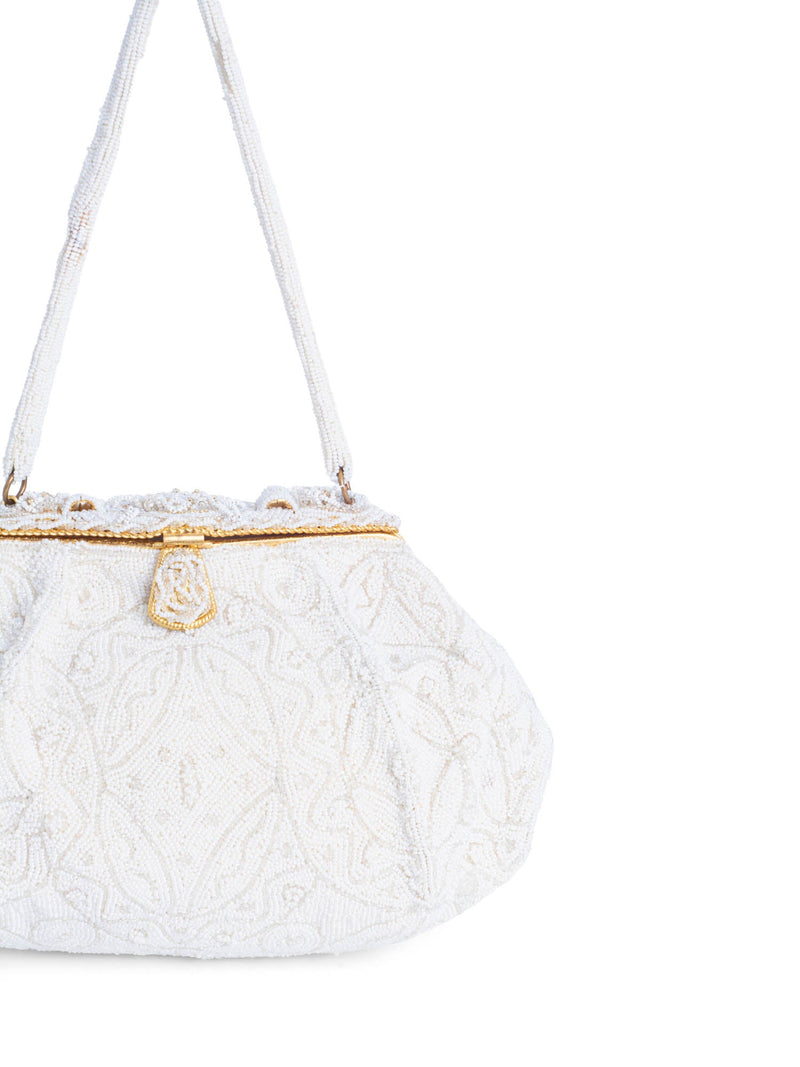 Vintage Hand Made in France 24K Gold Plated Beaded Bag White-designer resale
