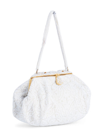 Vintage Hand Made in France 24K Gold Plated Beaded Bag White-designer resale