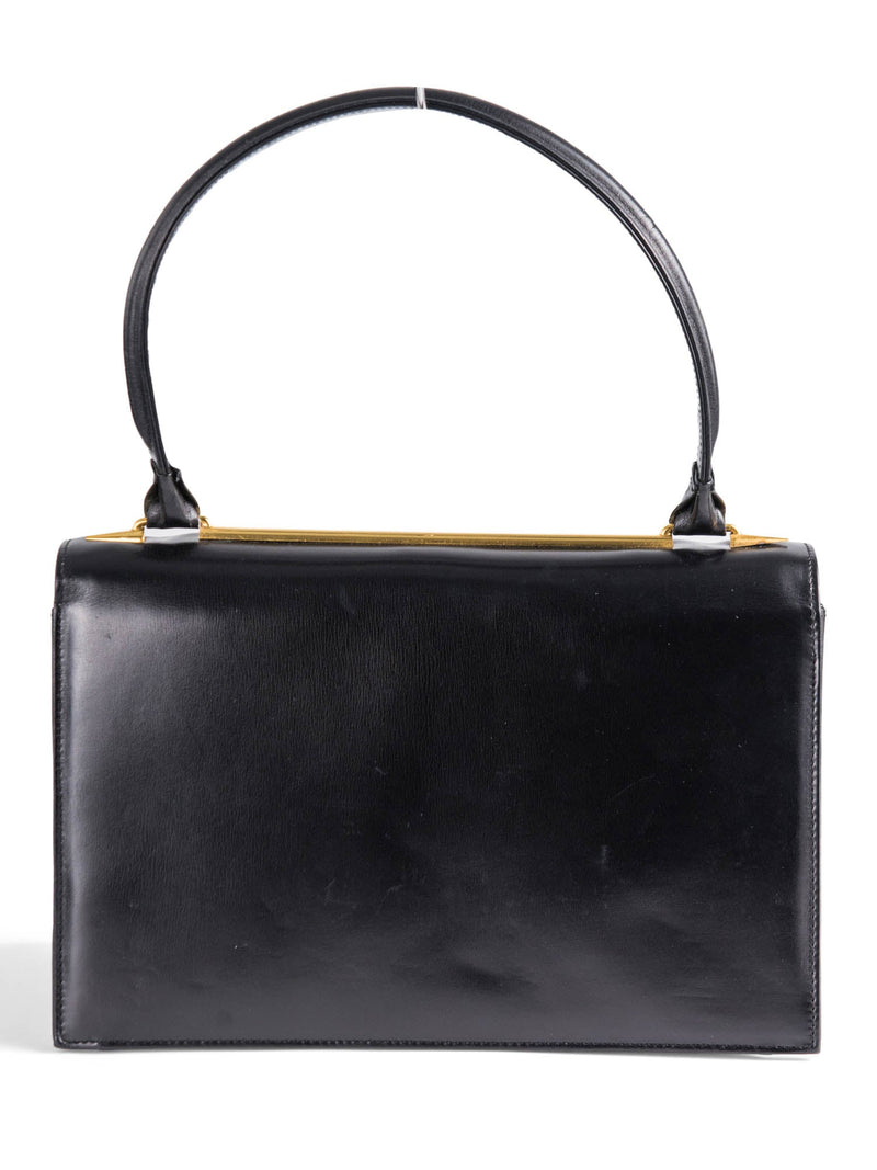 Vintage Leather 24K Gold Plated Double Turnlock Top Handle Bag Black-designer resale