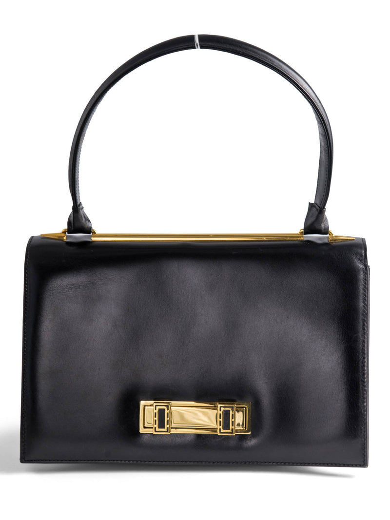 Vintage Leather 24K Gold Plated Double Turnlock Top Handle Bag Black-designer resale
