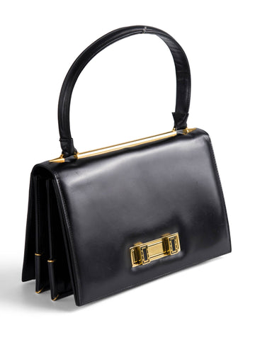 Vintage Leather 24K Gold Plated Double Turnlock Top Handle Bag Black-designer resale