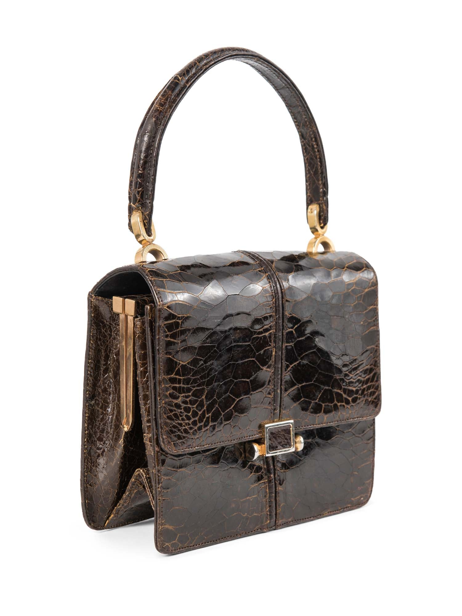 Vintage Shiny Crocodile Kelly Top Handle Satchel Brown Gold