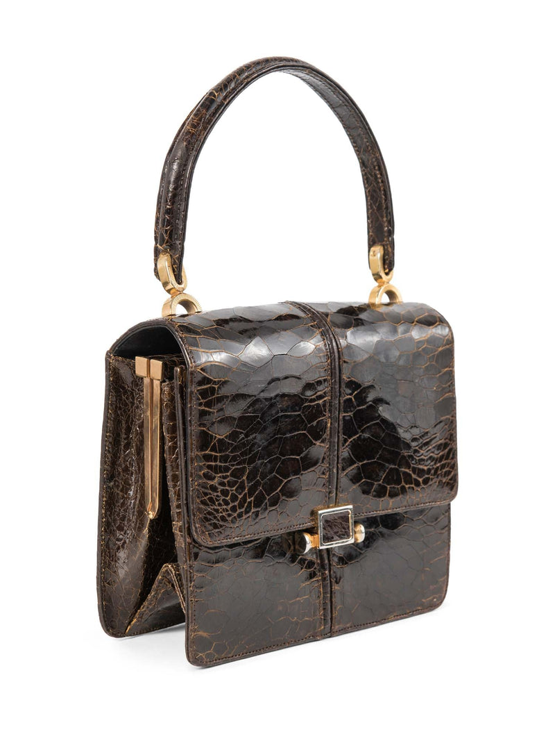 Vintage Shiny Crocodile Kelly Top Handle Satchel Brown Gold-designer resale