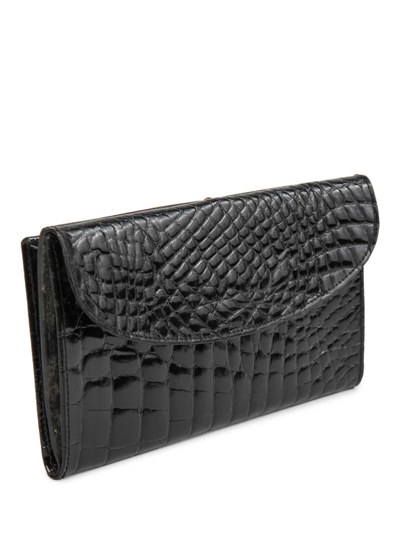 Vintage Shiny Crocodile Leather Horsebit Wallet Black Gold-designer resale