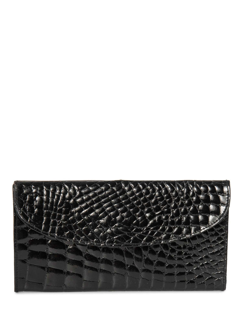 Vintage Shiny Crocodile Leather Horsebit Wallet Black Gold-designer resale