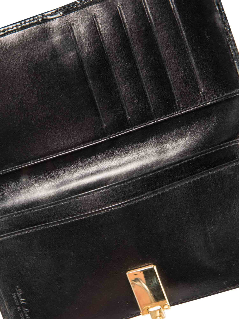 Vintage Shiny Crocodile Leather Horsebit Wallet Black Gold-designer resale