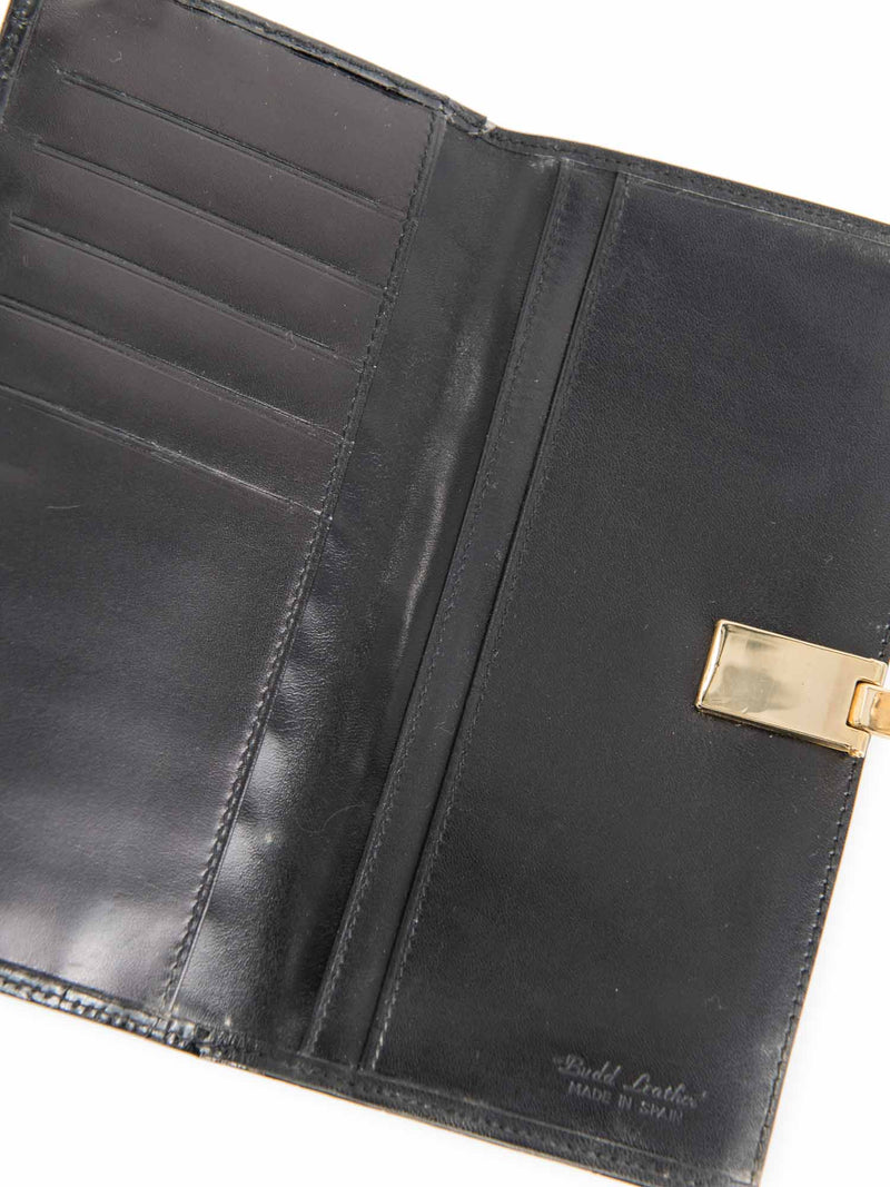 Vintage Shiny Crocodile Leather Horsebit Wallet Black Gold-designer resale