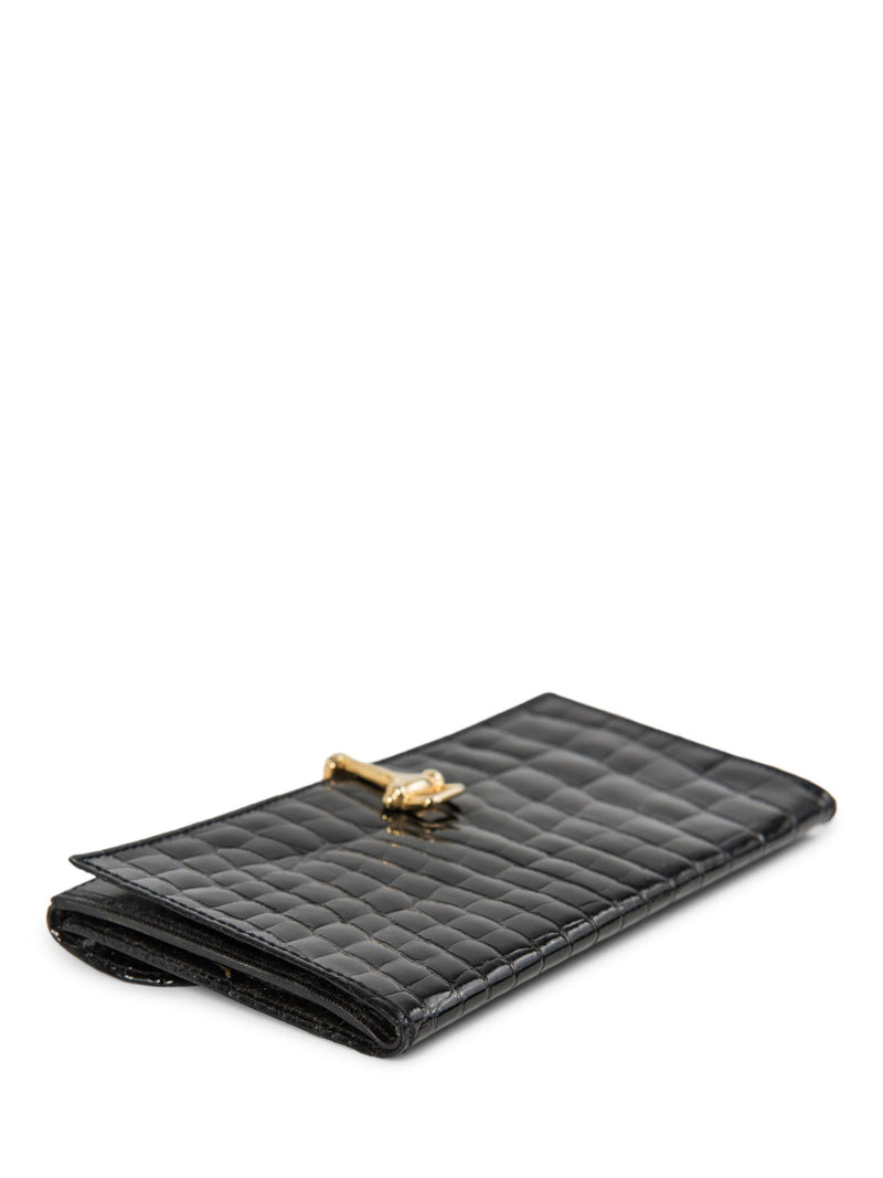 Vintage Shiny Crocodile Leather Horsebit Wallet Black Gold-designer resale