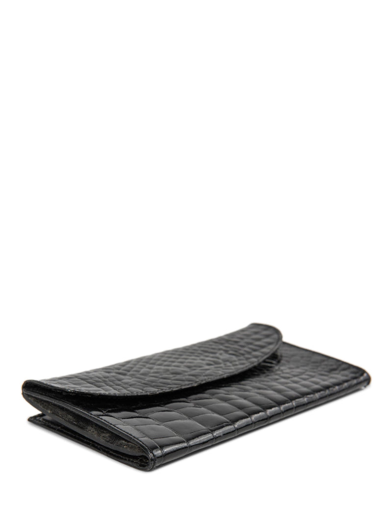 Vintage Shiny Crocodile Leather Horsebit Wallet Black Gold-designer resale
