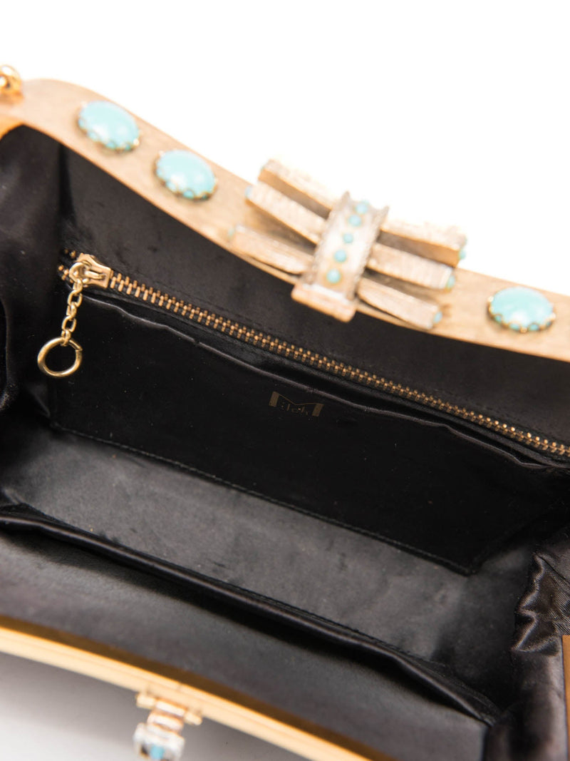 Vintage Shiny Crocodile Turquoise Mini Bag Black Gold-designer resale