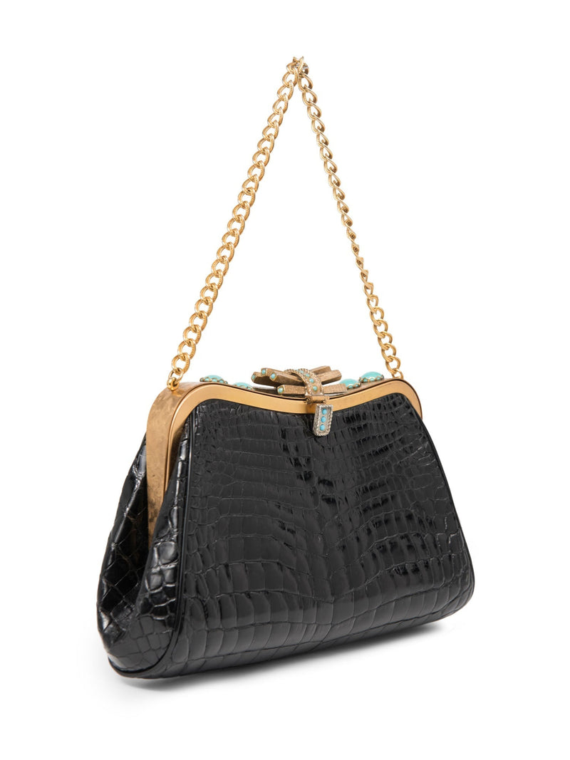 Vintage Shiny Crocodile Turquoise Mini Bag Black Gold-designer resale