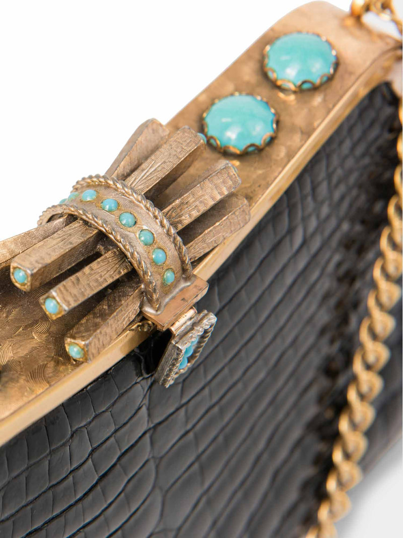 Vintage Shiny Crocodile Turquoise Mini Bag Black Gold-designer resale