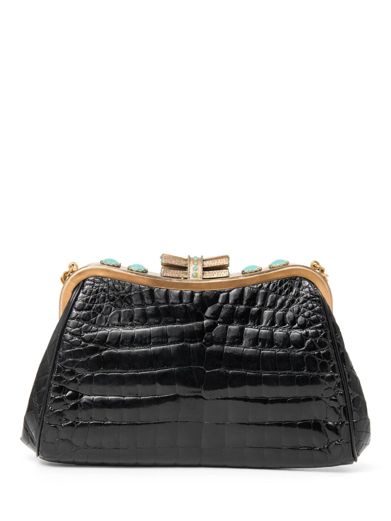 Vintage Shiny Crocodile Turquoise Mini Bag Black Gold-designer resale