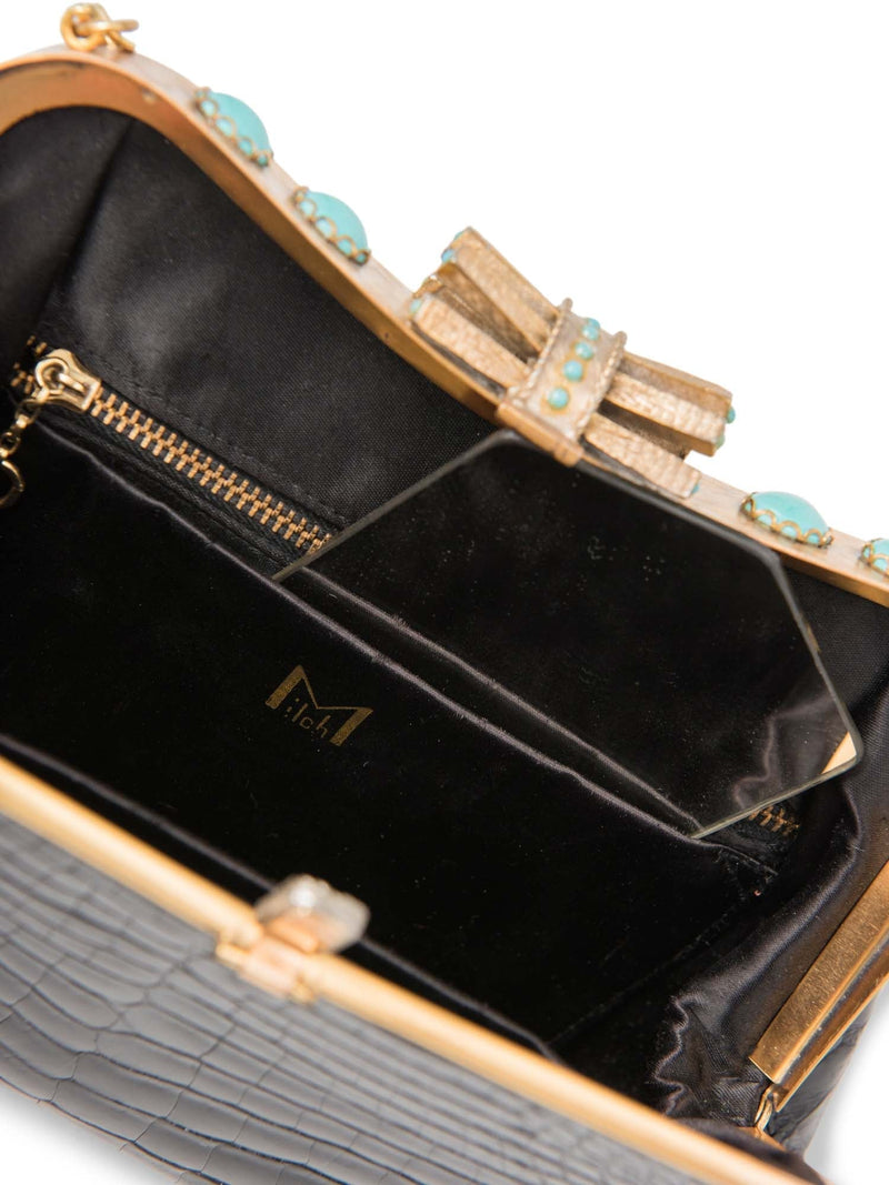 Vintage Shiny Crocodile Turquoise Mini Bag Black Gold-designer resale