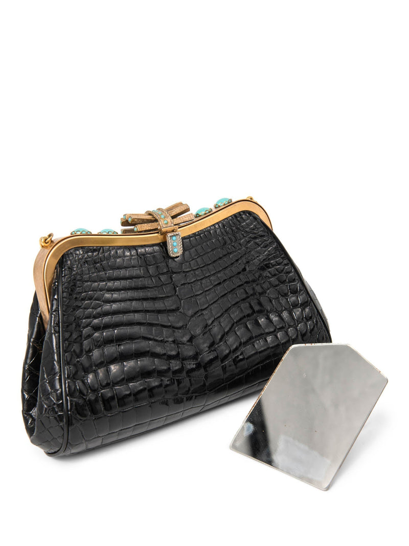 Vintage Shiny Crocodile Turquoise Mini Bag Black Gold-designer resale