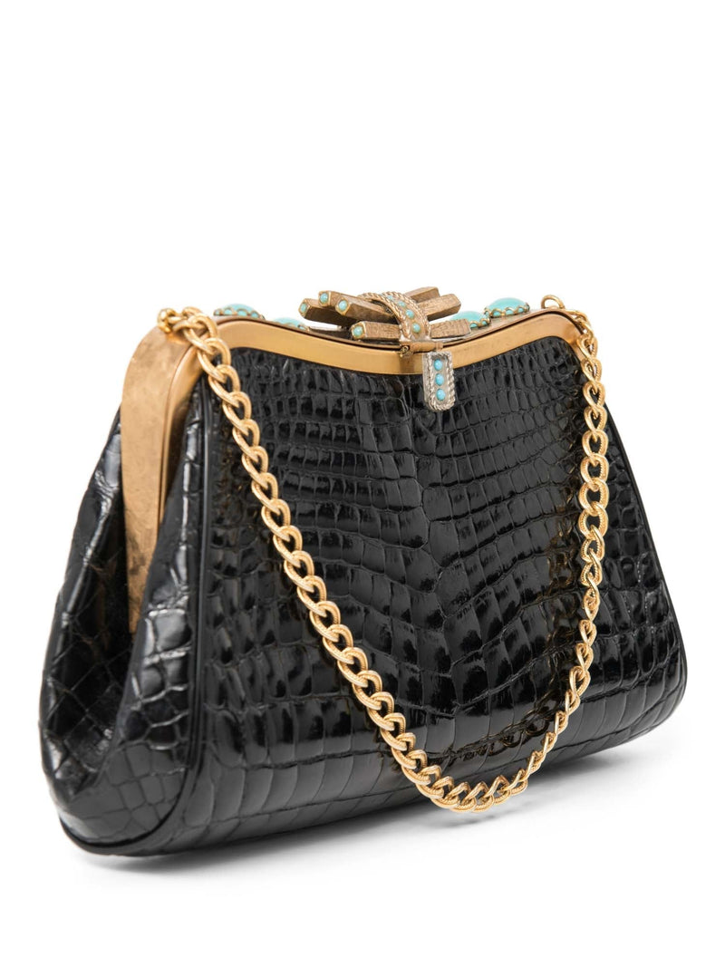Vintage Shiny Crocodile Turquoise Mini Bag Black Gold-designer resale