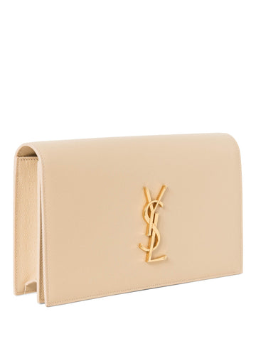 Yves Saint Laurent Logo Grained Leather Clutch Biege Gold-designer resale