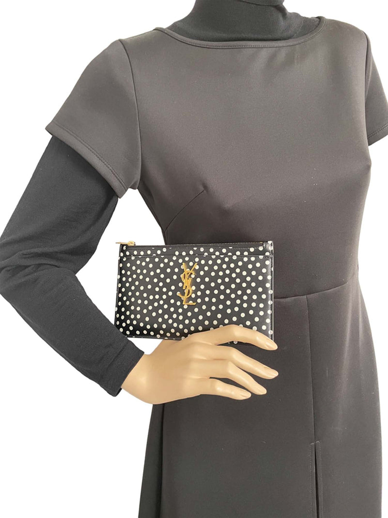 Yves Saint Laurent Logo Polkadot Clutch Black White-designer resale