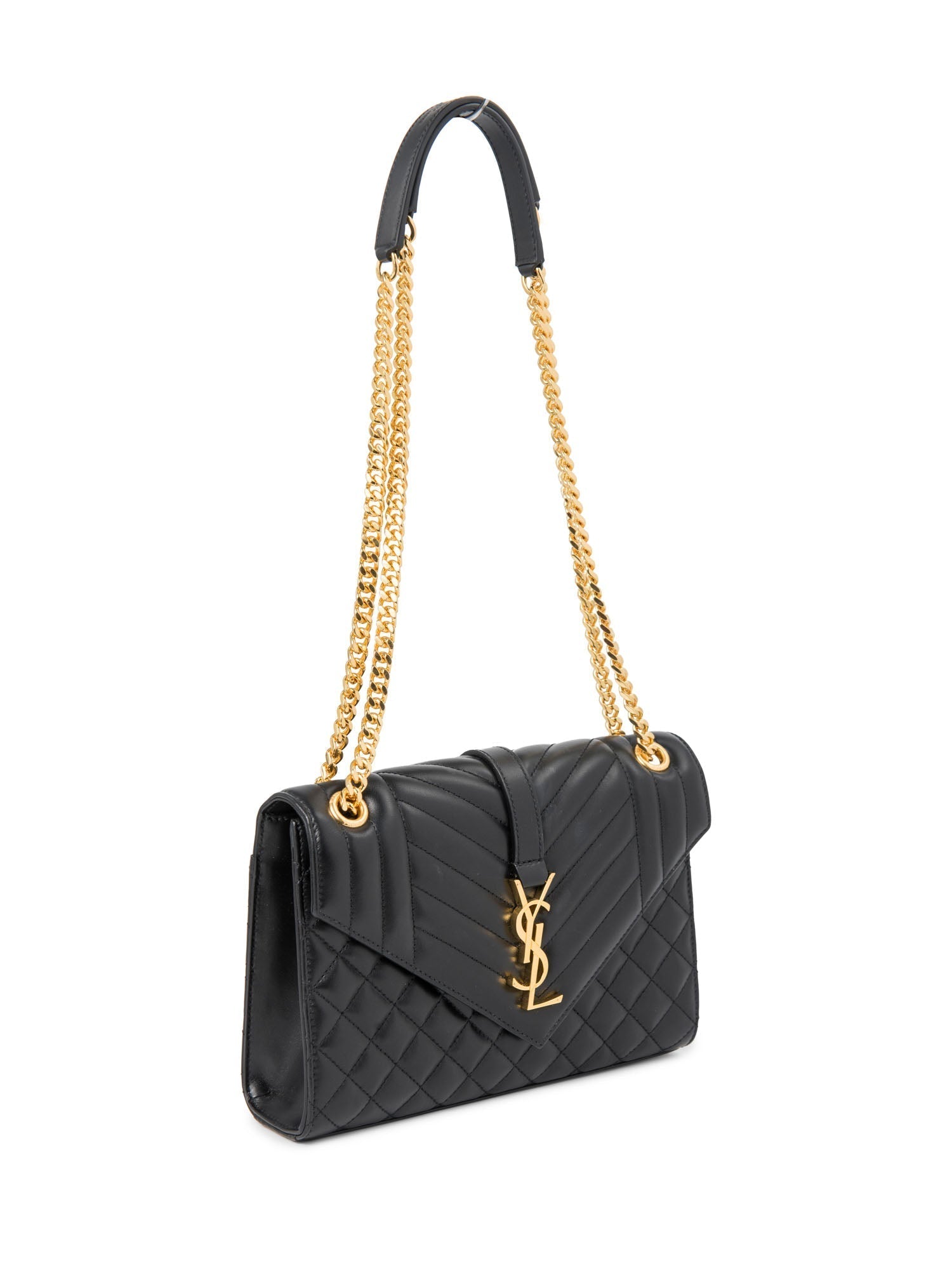 Yves Saint Laurent Logo Quilted Leather 24K Gold Plated Messenger Bag Black