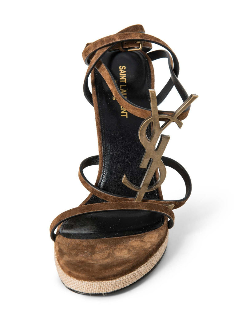 Yves Saint Laurent Logo Suede Cassandra Wedge Sandals Brown