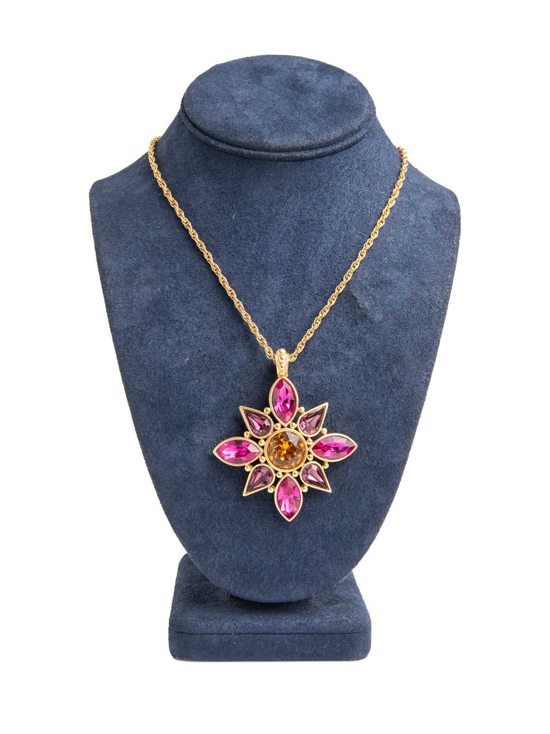 Yves Saint Laurent Vintage Gripoix 24K Cabochon Glass Necklace Yellow Hot Pink-designer resale