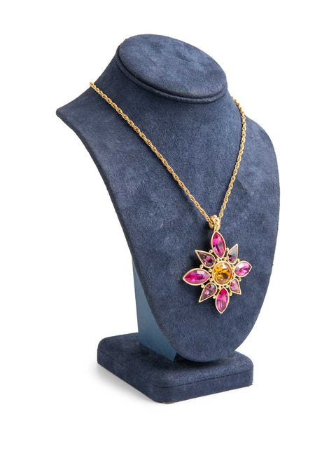 Yves Saint Laurent Vintage Gripoix 24K Cabochon Glass Necklace Yellow Hot Pink-designer resale