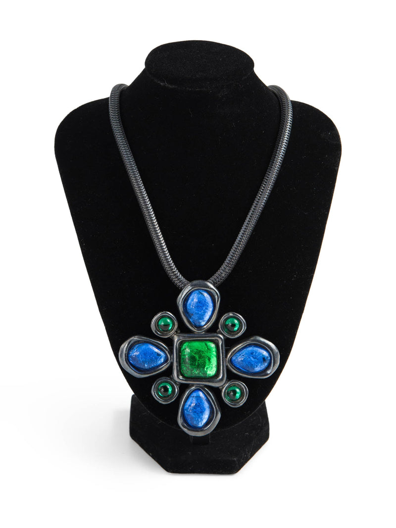 Yves Saint Laurent Vintage Gripoix Cabochon Glass Necklace Green Blue-designer resale