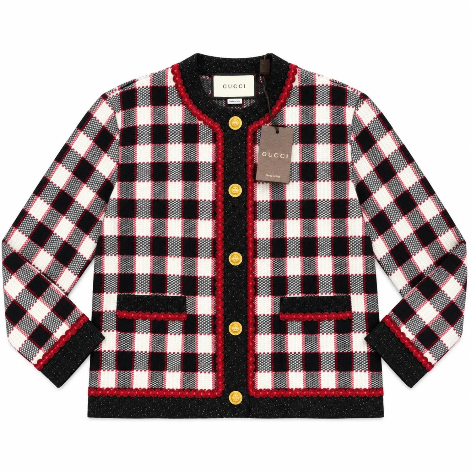 Gucci GG Logo Plaid Knitted Cardigan Black Red White