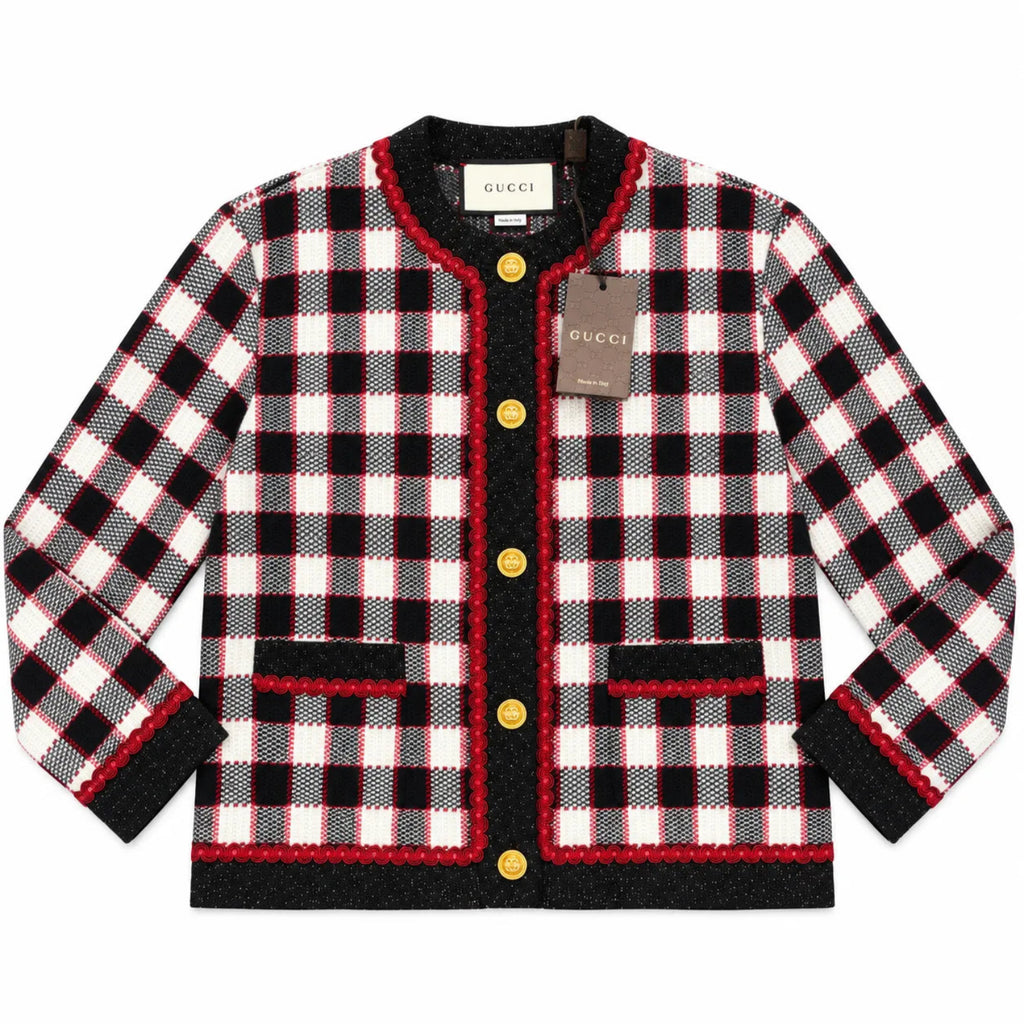 Gucci GG Logo Plaid Knitted Cardigan Black Red White