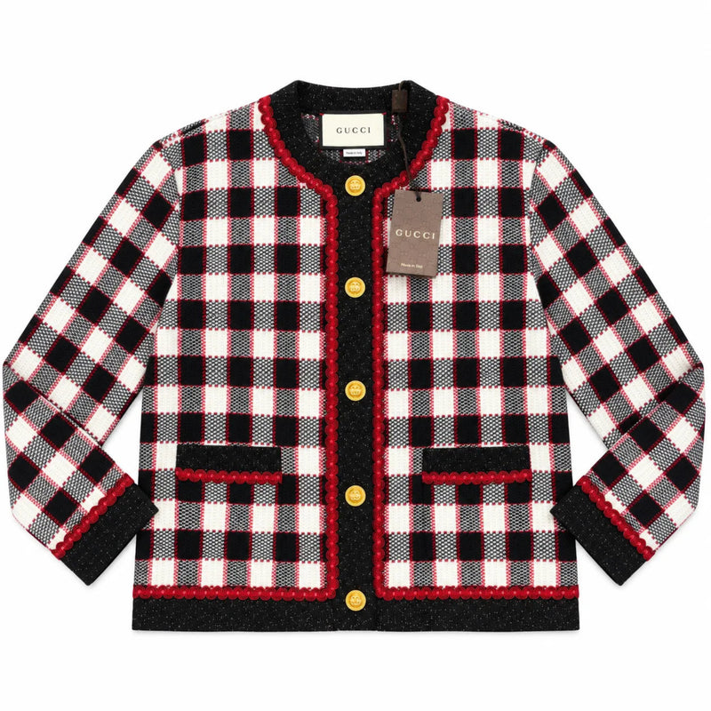 Gucci GG Logo Plaid Knitted Cardigan Black Red White