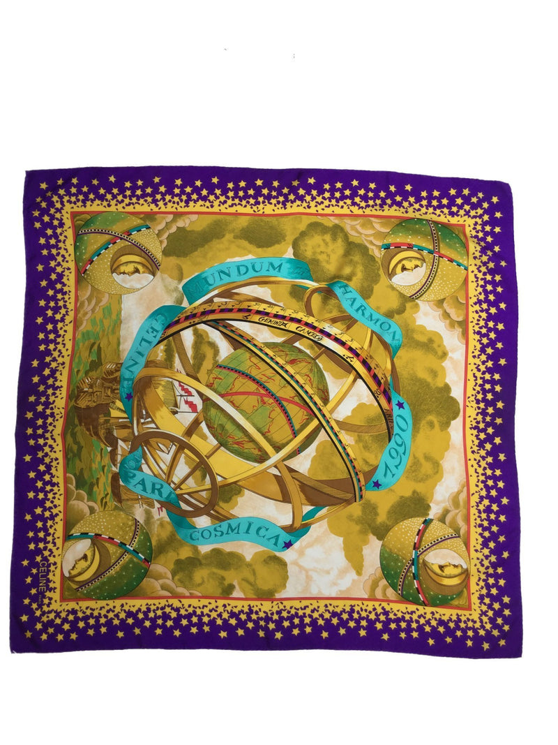 100% Multicolor Silk Aqua Gold Purple Mundum Harmoni Scarf-designer resale