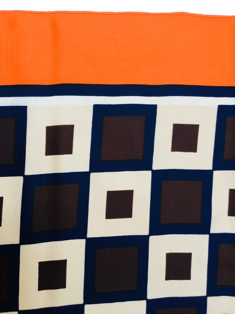 100% Multicolor Silk Navy Blue Orange White Geometrical Scarf-designer resale